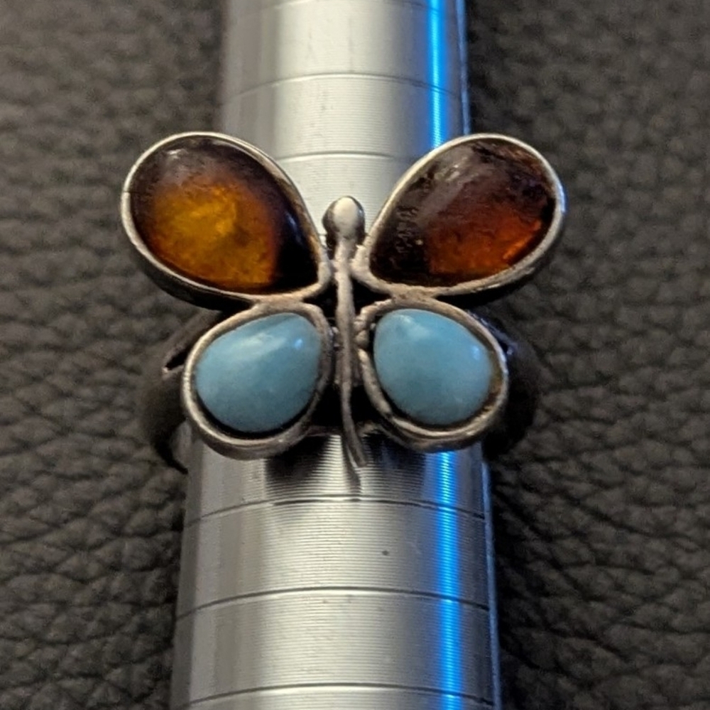 Vintage Sterling Silver Butterfly Ring w/ Turquoise & Amber-Tone Stones Size 7